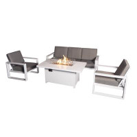 Hokku Designs 4 Piece Patio Dining Set Fire Pit Table with 2 Armchair + 3 Seater Sofa