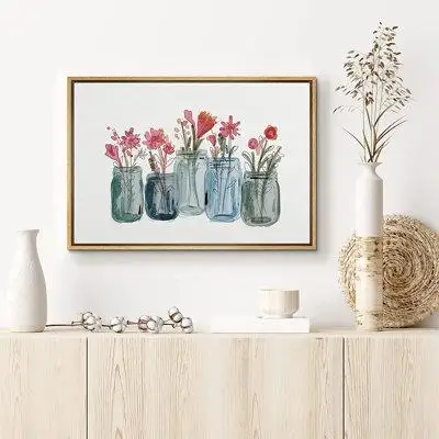 SIGNLEADER SIGNLEADER Framed Canvas Print Wall Art Magenta Peony And Tulips In Class Vases Nature Plants Iiiustrations M