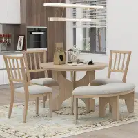 Audiohome 5-Piece Dining Table Set, 44" Round Dining Table With Curved Bench & Side Chairs For 4-5 People For Dining Roo