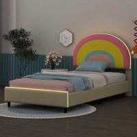 Ebern Designs Twin Size Upholstered Platform Bed With Rainbow Shaped, Adjustable Headboard And LED Light Strips