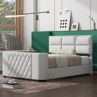 buthreing Queen Size Upholstery TV Platform Bed Frame With Height- Adjustable Headboard And Support Legs