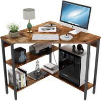 17 Stories Hatal Corner Desk with Outlets & USB Ports, 90 Degree Triangle Corner Table with Storage Shelves