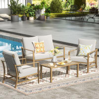 Winston Porter 4 Pieces Rope Outdoor Furniture with High Back Hand-Woven Rope Rocking Chairs and Loveseat