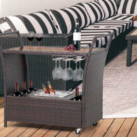 Wade Logan Camishia Outdoor Rolling Wicker Bar Cart w/ Removable Ice Bucket, Glass top, Wine Glass Holders