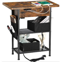 17 Stories End Table With Charging Station,  Narrow Flip Top Side Table With USB Ports And Outlets, Bedside Table With S