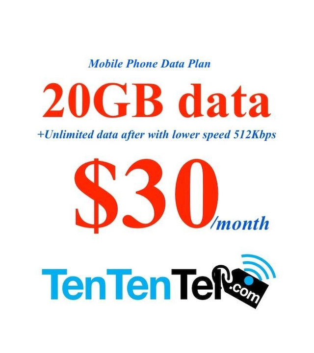 Promo 20GB data $30 Moblie phone data plan (NO contract) in Cell Phone Services in Mississauga / Peel Region