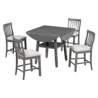 Alcott Hill Trexm 5-piece Adjustable Counter Height Dining Set With 4 Foldable Leaves & Upholstered Chairs - Grey & Beig