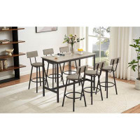 Rosefray Industrial Pub High Dining Set: Stylish Table & 6 Pu Leather Bar Chairs, Rustic Grey
