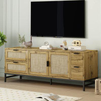 Union Rustic Boho Style Rattan TV Stand For Tvs Up To 65"With Adjustable Shelves, Sleek TV Console Table With Wood Grain