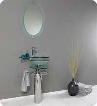 Ovale Modern 24 Inch Glass Bathroom Pedestal  or as a Set w Glass Shelf & Mirror
