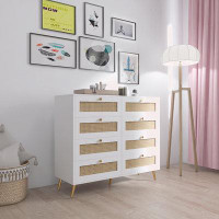Mercer41 White Colour 8 Drawers Chest with Rattan Drawer Face Golden Legs and Handles