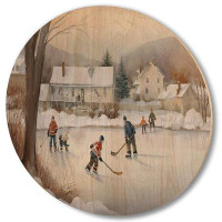 Redwood Rover Kids Playing Hockey In Winter V - Modern Wood Wall Art - Natural Pine Wood