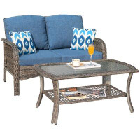 Winston Porter 47.44'' Wide Outdoor Loveseat With Cushions With Table