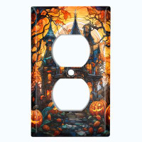 WorldAcc Metal Light Switch Plate Outlet Cover (Halloween Spooky Pumpkin Manor House - Single Duplex)