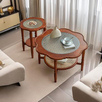 HIGH CHESS Simple retro solid wood rattan coffee table Round glass coffee table