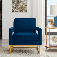 Mercer41 Modern Accent Chair With Gold Metal Base, Velvet Upholstered Leisure Chair Featuring Open Armrests - Navy