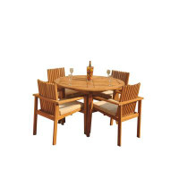 Teak Smith Grade-A Teak Dining Set: 60" Round Table And 4 Clipper Stacking Arm Chairs