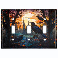 WorldAcc Metal Light Switch Plate Outlet Cover (Halloween Spooky Church Raven - Triple Toggle)