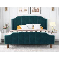 Everly Quinn Malalia Queen Size Velvet Bed Frame With Modern Curved Upholstered Headboard And Footboard, Upholstered Pla