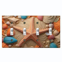WorldAcc Metal Light Switch Plate Outlet Cover (Ocean Orange Sea Shell Star Fish - Quadruple Toggle)
