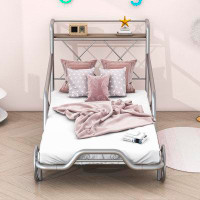 Zoomie Kids Addalynne Twin Size Metal Car Bed with Four Wheels, Guardrails and X-Shaped Frame Shelf