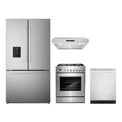 Cosmo 4 Piece Kitchen Package With 30" Freestanding Gas Range 30" Under Cabinet Range Hood 24" Built-in Fully Integrated in Refrigerators