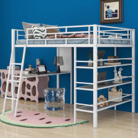 Mason & Marbles Full Size Loft Metal Bed With 3 Layers Of Shelves And Desk