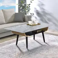 George Oliver Coffee Table With Glass Grey Marble Texture Top And Bent Wood Design