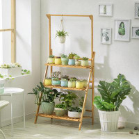 MoNiBloom Bamboo 3 Tier Plant Stand Triangular Flower Pot Holder With Hanging Basket