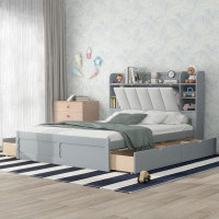 Latitude Run® Wood Queen Size Platform Bed with Storage Headboard, Shelves and 4 Drawers, Grey