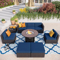 Lark Manor 9-piece 40" 50,000btu Wood-look Round Gas Fire Pit Table & Rattan Wicker Sectional Sofa