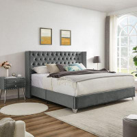 Rosdorf Park Tufted Upholstered King Bed With Two Nightstands, Strong Wooden Slats + Metal Legs With Electroplate