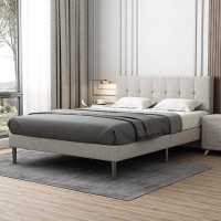 Latitude Run® Latitude Run® Queen Wood Upholstered Platform Bed Frame, Light Grey, No Box Spring Required, Easy Assembly