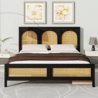 Bay Isle Home™ Queen Size Wood Storage Platform Bed With 2 Drawers, Rattan Headboard And Footboard, Black
