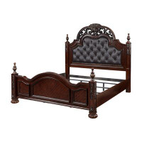 Bloomsbury Market Amio Queen Bed, Button Tufted Faux Leather Headboard, Cherry Brown Wood