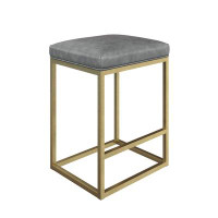 Everly Quinn Backless Pub-Height Kitchen Counter Bar Stool With Faux Leather Cushion And Metal Base, 24", Grey/Gold