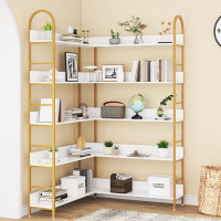 Everly Quinn 5-tier Gold Bookcase With Adjustable Foot, L-shape Corner Bookshelf Display Shelf