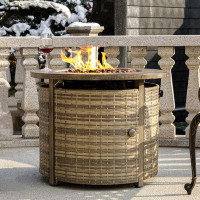 Arlmont & Co. 32 Inch Propane Fire Pit Table,Wicker Gas Fire Pits Table With Lid & Lava Rocks, 50000 BTU Round Propane F