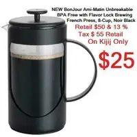 $25 NEW out of boxBonJour Coffee Stainless Steel French Press with Glass Carafe, 50.7-Ounce, Monet, Black Handle