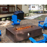 Arlmont & Co. Outdoor Propane Burning Fire Pit, Rectangle Dark Brown Patio Fire Table 50,000 BTU W Lava Rocks, Glass Win