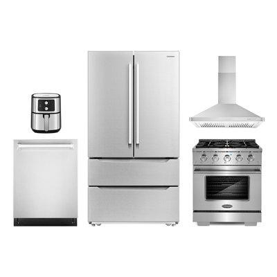 Cosmo 5 Piece Kitchen Package with 30" Freestanding Gas Range  30" Wall Mount Range Hood 24" Built-in Fully Integrated D in Refrigerators