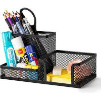 Inbox Zero Mesh Desk Organizer Office Supplies Caddy With Pencil Holder And Storage Baskets For Desktop Accessories, 3 C