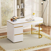 Everly Quinn 60'' White & Gold Modern Executive Desk With Curved Design, 3 Drawers & Storage Cabinet