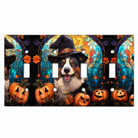WorldAcc Metal Light Switch Plate Outlet Cover (Halloween Cute Dog Witch Hat - Quadruple Toggle)
