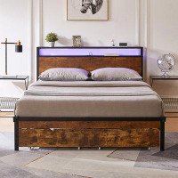 17 Stories Queen Size Metal Platform Bed Frame With Wooden Headboard And Footboard With USB