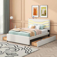 Brayden Studio Queen Size Upholstered Storage Platform Bed With LED, 4 Drawers And USB Charging