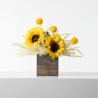 Primrue Vibrant Yellow Sunflower & Cream Astilbe Faux Floral Fall Arrangement In Small Natural Wood Woodland Box Planter