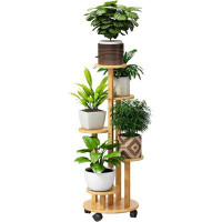 Arlmont & Co. Indoor Plant Stand With Wheels, 5 Tiered , Bamboo Plant Stands For Indoor Plants Multiple, Corner Plant St