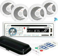 MARINE STEREO RECEIVER WITH FOUR 6.5-INCH SPEAKERS - Available in Black or White with accessory kit included! Only $239!