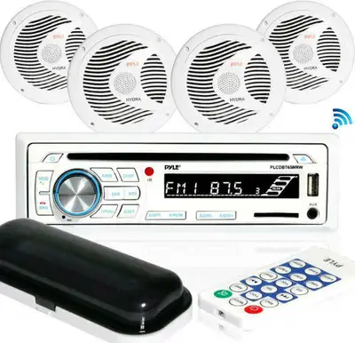 PYLE® MARINE STEREO RECEIVER WITH FOUR 6.5-INCH SPEAKERS AND ACCESSORY KIT COMES WITH ALL NECESSARY...